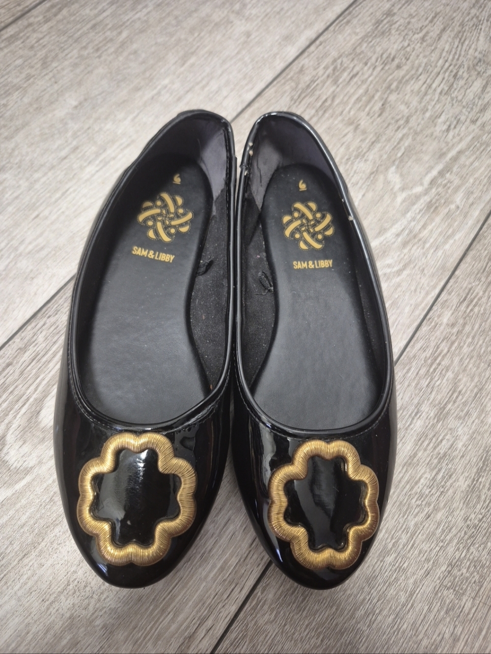 Sam & Libby ballet flats, patent faux leather upper and Gold Flower Embellisment